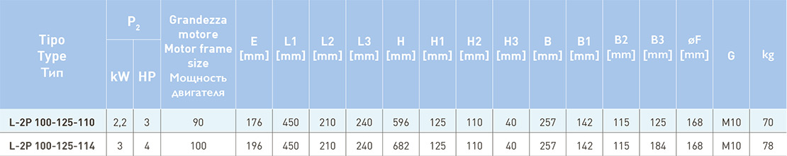 Габаритные и присоединительные размеры насосов L-2P 100-125-110
