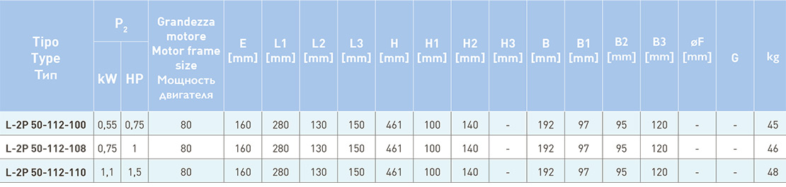 Габаритные и присоединительные размеры насосов Saer L-2p 50-112